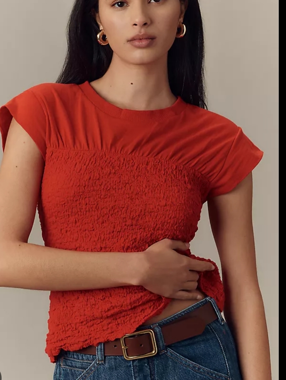 Maeve Red Smocked Short Sleeve Top